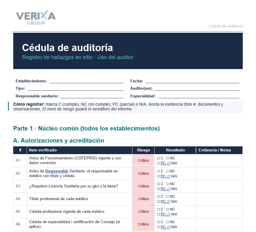 Formulario “Cédula de auditoría” de Verixa Group con tabla de autorizaciones y observaciones, en blanco y azul.