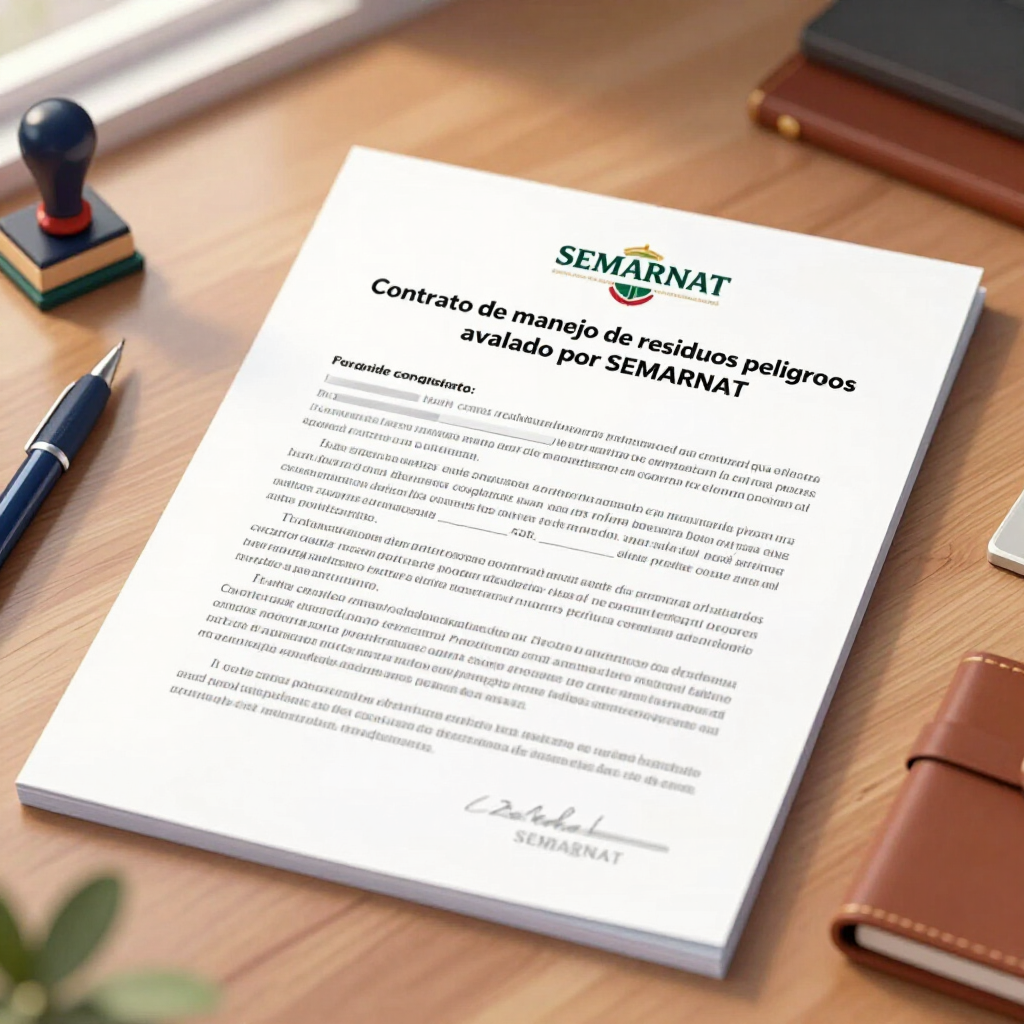 Escena de escritorio con un documento legal firmado sobre una mesa de madera, bolígrafo, sello y maletín de cuero.