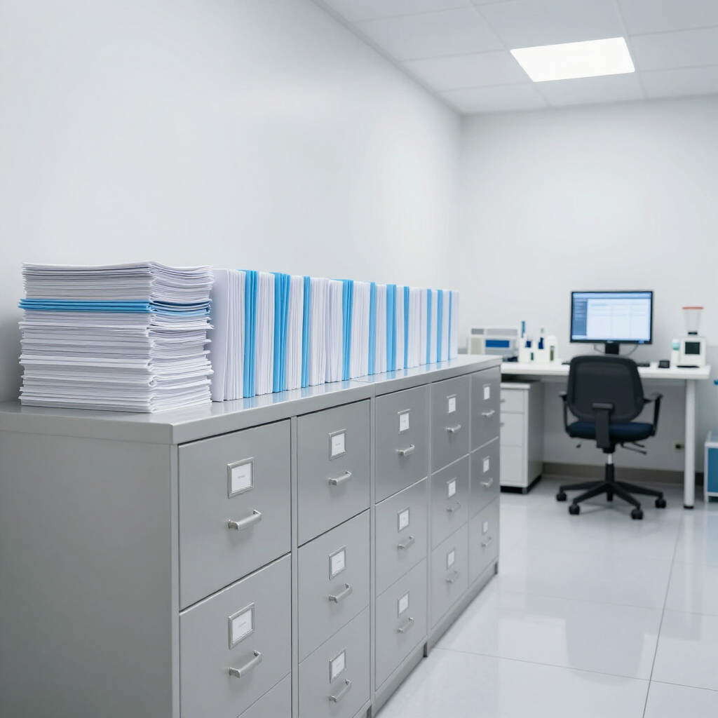 Oficina luminosa con archivadores, pilas de documentos y un escritorio con ordenador y silla.