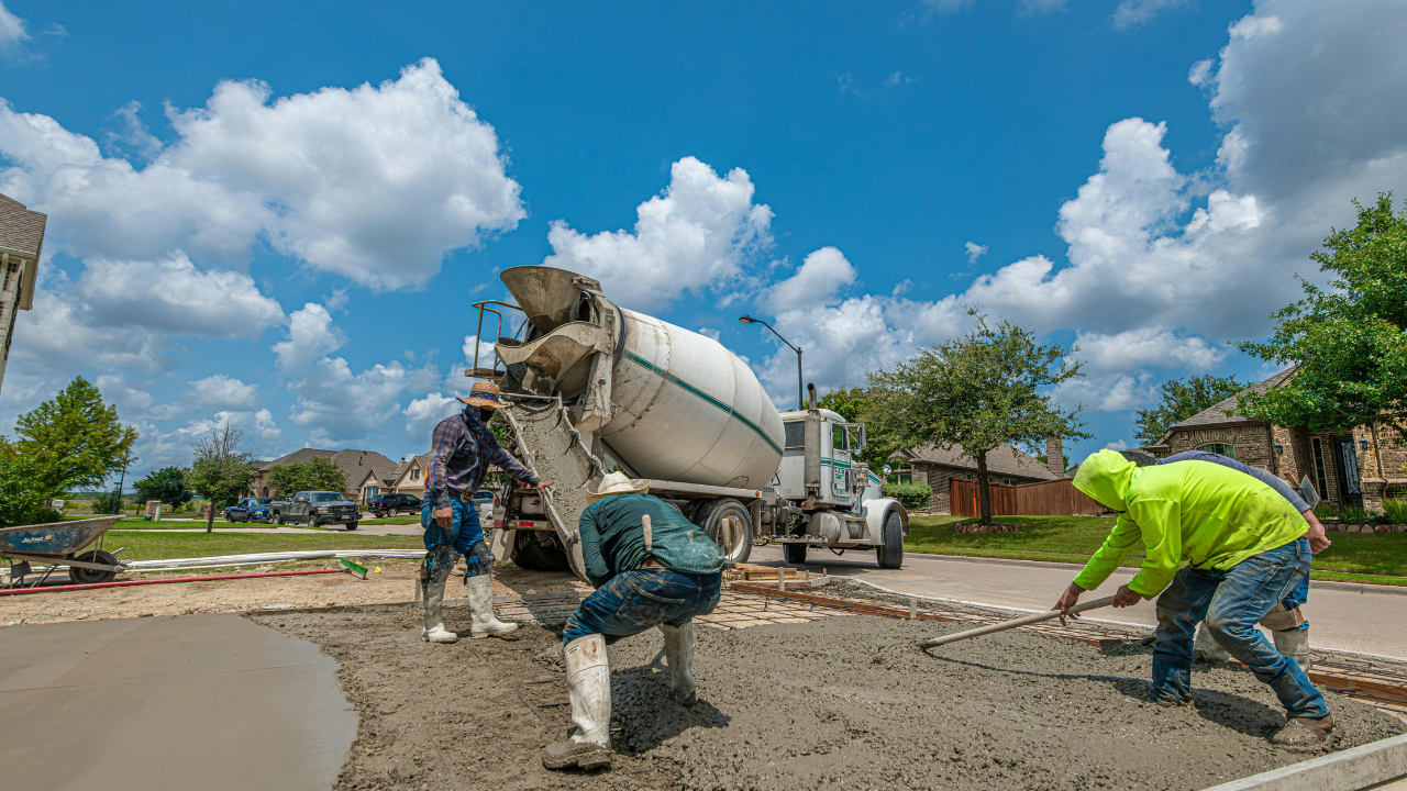 Concrete being poured by truck, workers smoothing wet concrete on sunny day.