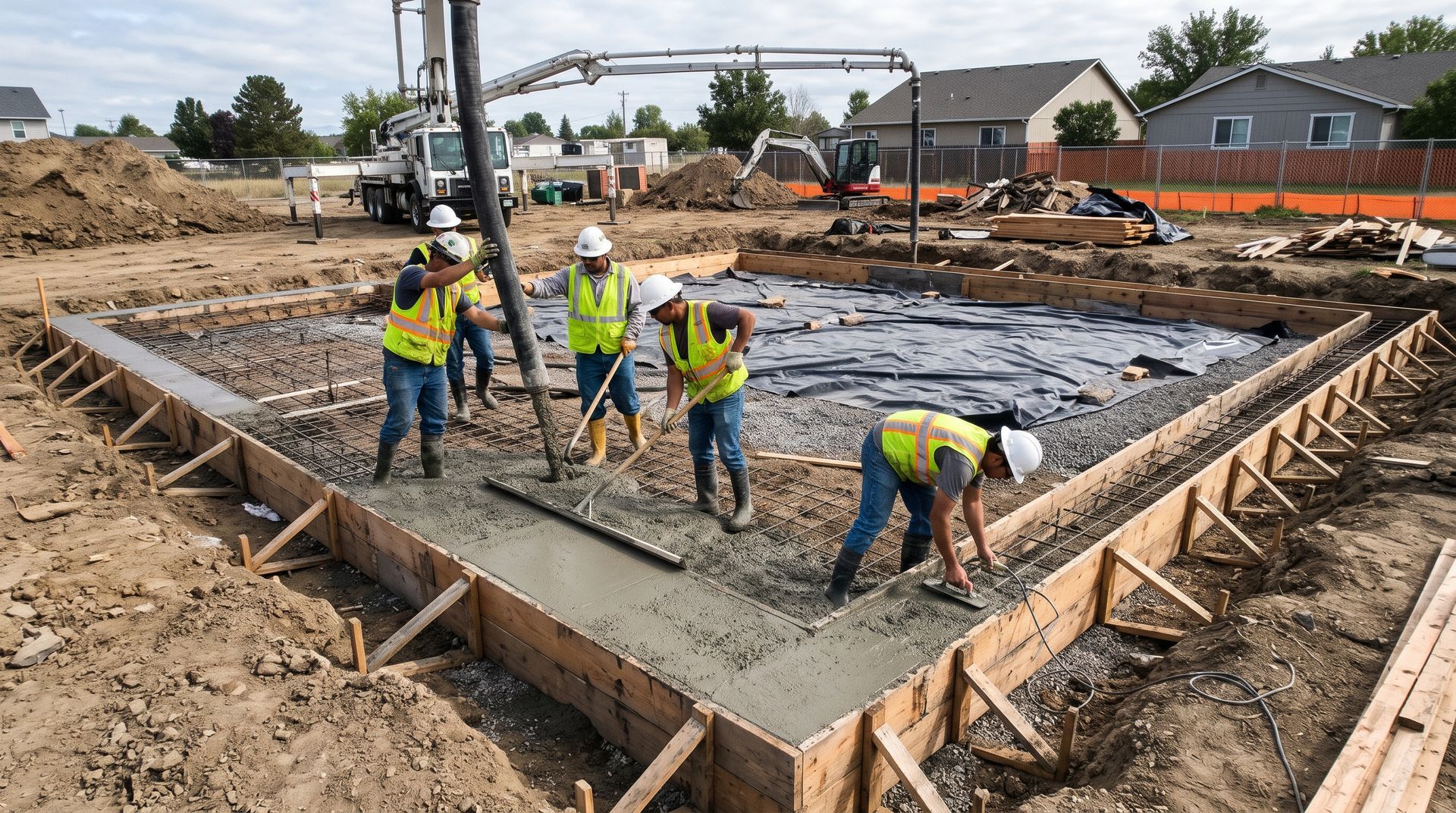 Construction workers pouring concrete in a foundation slab at an outdoor building site