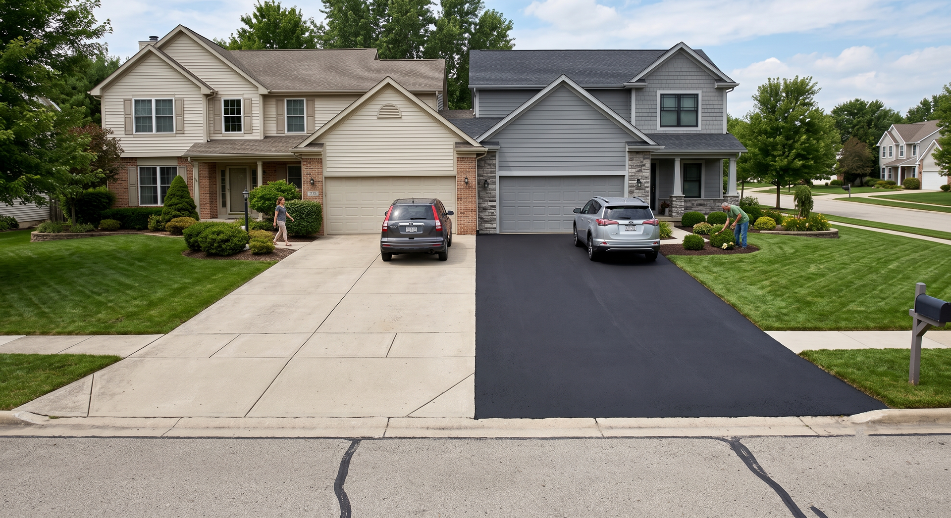 Two suburban houses with driveways, one concrete and one newly paved black asphalt, side by side.