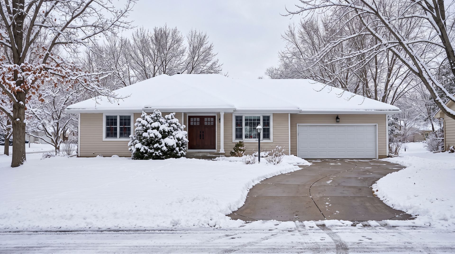 Snow-covered suburban house with a front porch, driveway, and attached garage in winter.