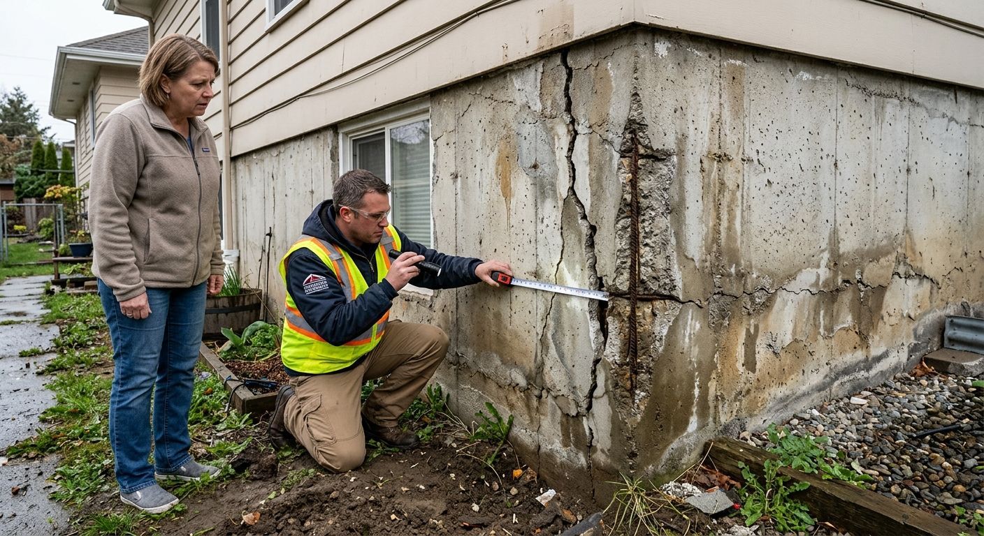 Two workers inspect a damaged foundation wall outdoors, one kneeling with a tool and one standing nearby.