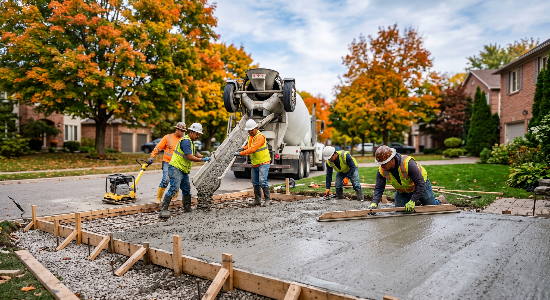 Construction workers pouring concrete from a mixer on a suburban street lined with autumn trees