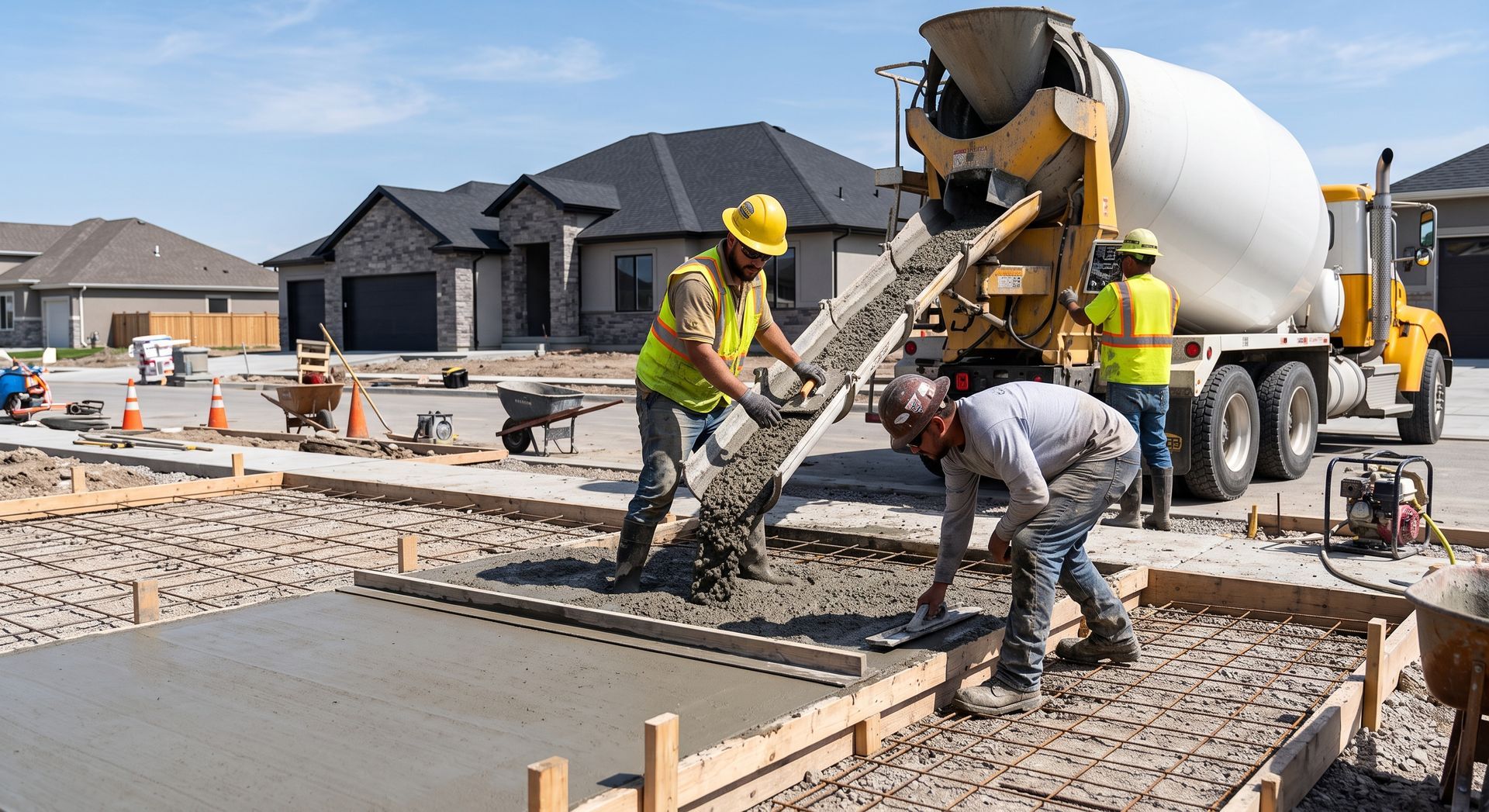 Construction workers pouring concrete on a residential driveway beside a cement mixer truck.