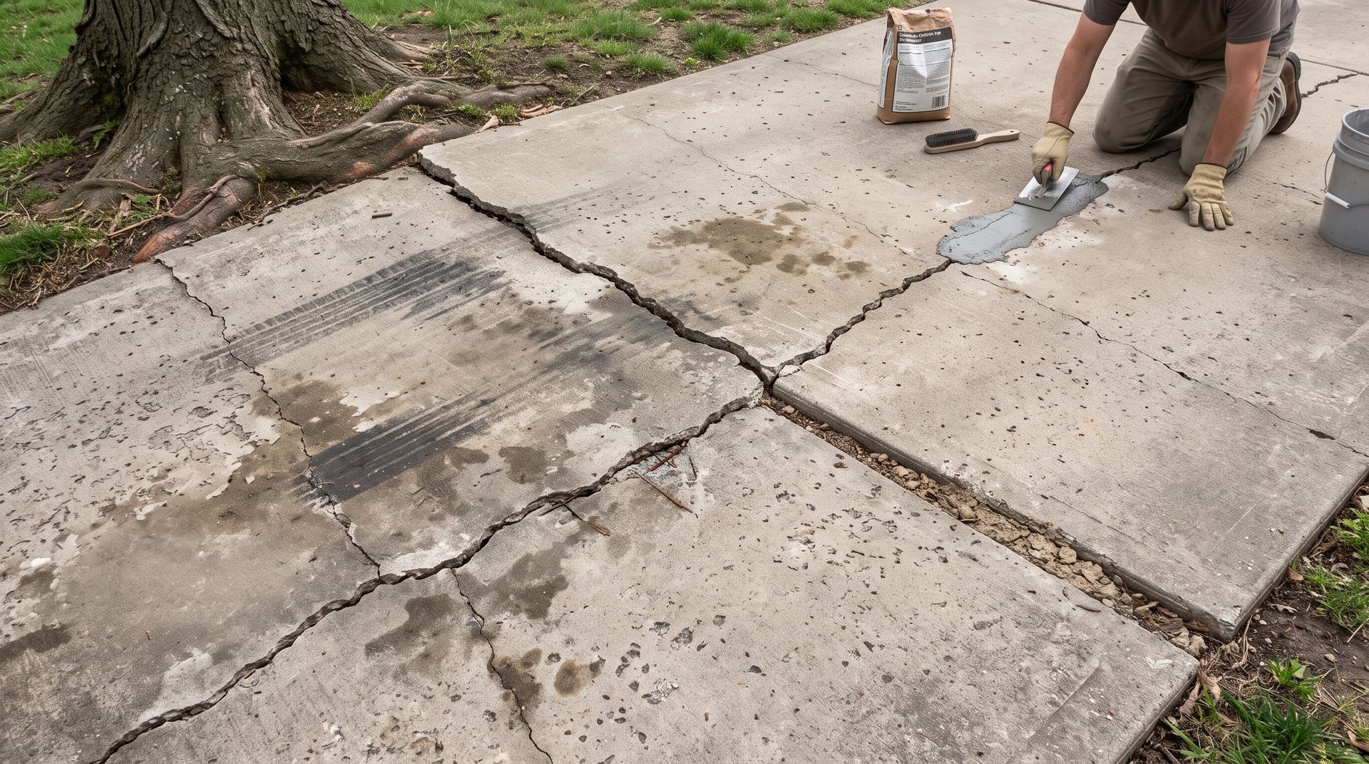 Worker repairing cracked concrete sidewalk with a trowel