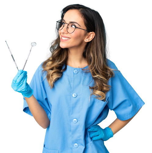Woman dentist holding tools over isolated on blue background thinking an idea while looking up