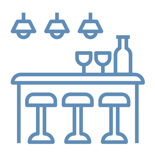 A blue line icon of a bar counter with three stools, two glasses, a bottle, and three hanging pendant lights.
