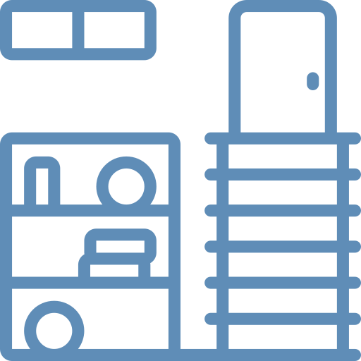Blue line icon of a pantry or storage closet with shelves containing items next to a door with a staircase.