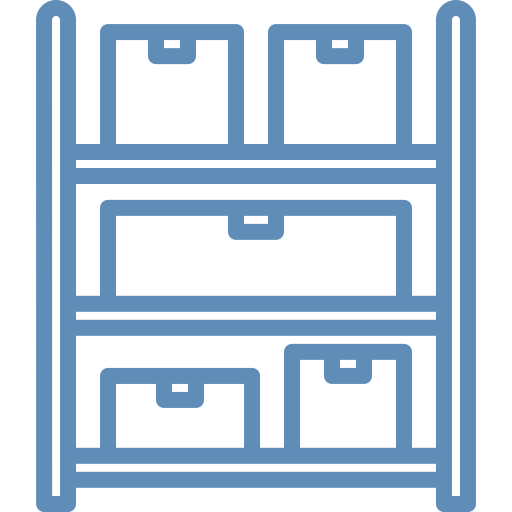 A blue line art icon of a warehouse storage rack featuring five cardboard boxes on three shelves.