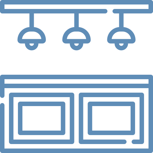 A blue, line-art icon showing a kitchen island with two cabinets below and three pendant lights hanging above.