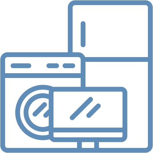A light blue line-art icon depicting a refrigerator, washing machine, and computer monitor stacked together.