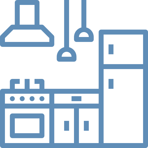 A blue icon of a kitchen interior featuring a stove with a range hood, two hanging pendant lights, and a refrigerator.