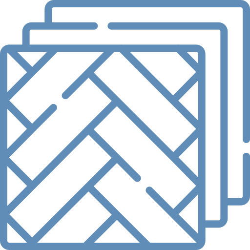 A blue outlined icon of three overlapping square tiles arranged in a herringbone pattern.