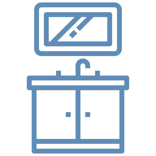 A blue line icon of a bathroom vanity with a mirror mounted above it.