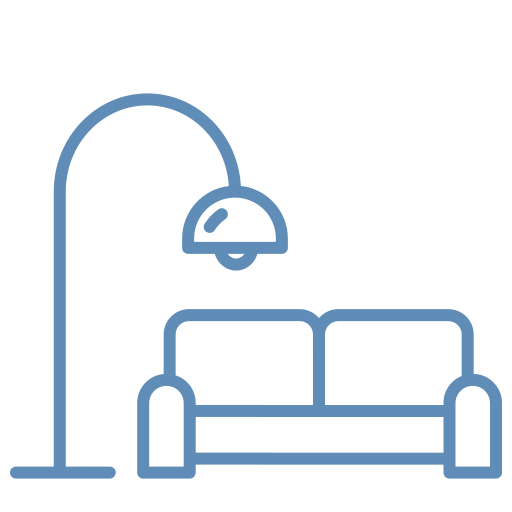 A blue line-art icon of a floor lamp arching over a two-seat sofa against a plain background.