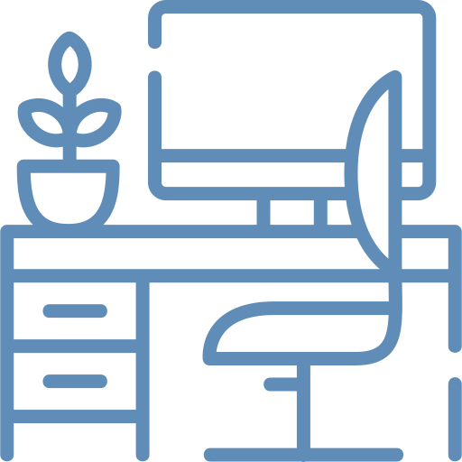 A blue, line-art icon of a home office setup featuring a desk, a computer monitor, a potted plant, and an office chair.