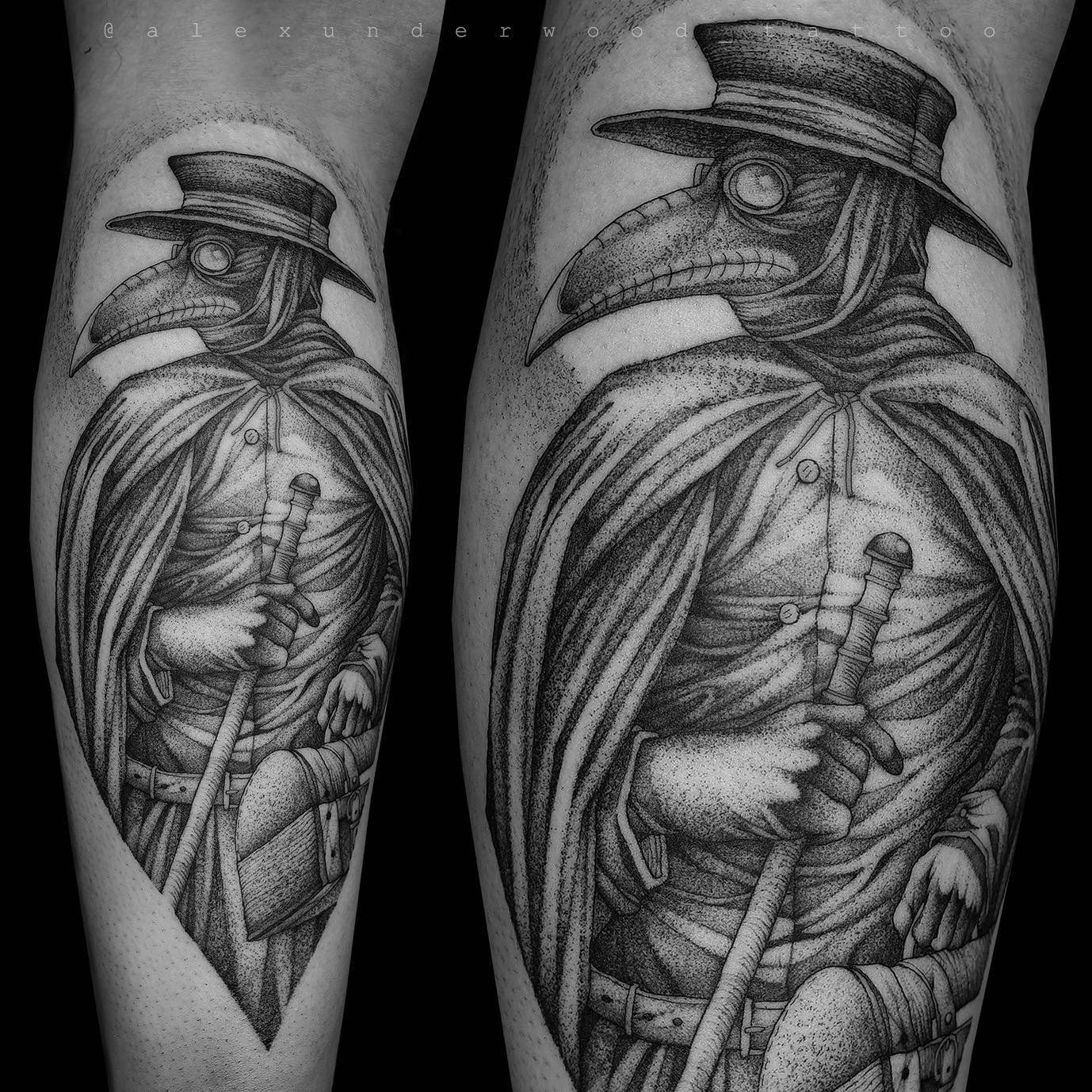 A black and white tattoo of a plague doctor on a leg.