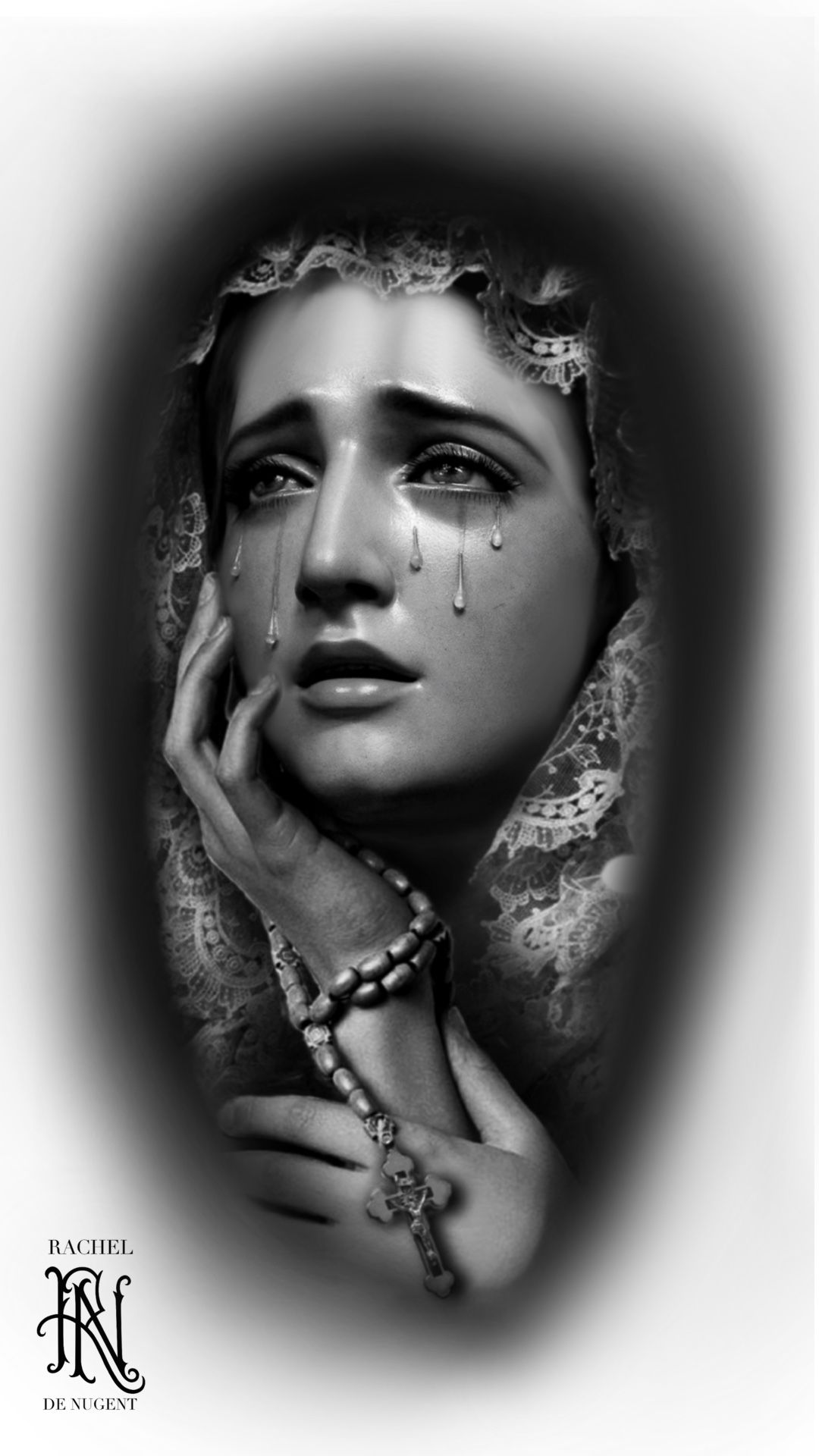 Monochrome portrait of a tearful woman with a hand on her cheek, framed in a soft oval vignette