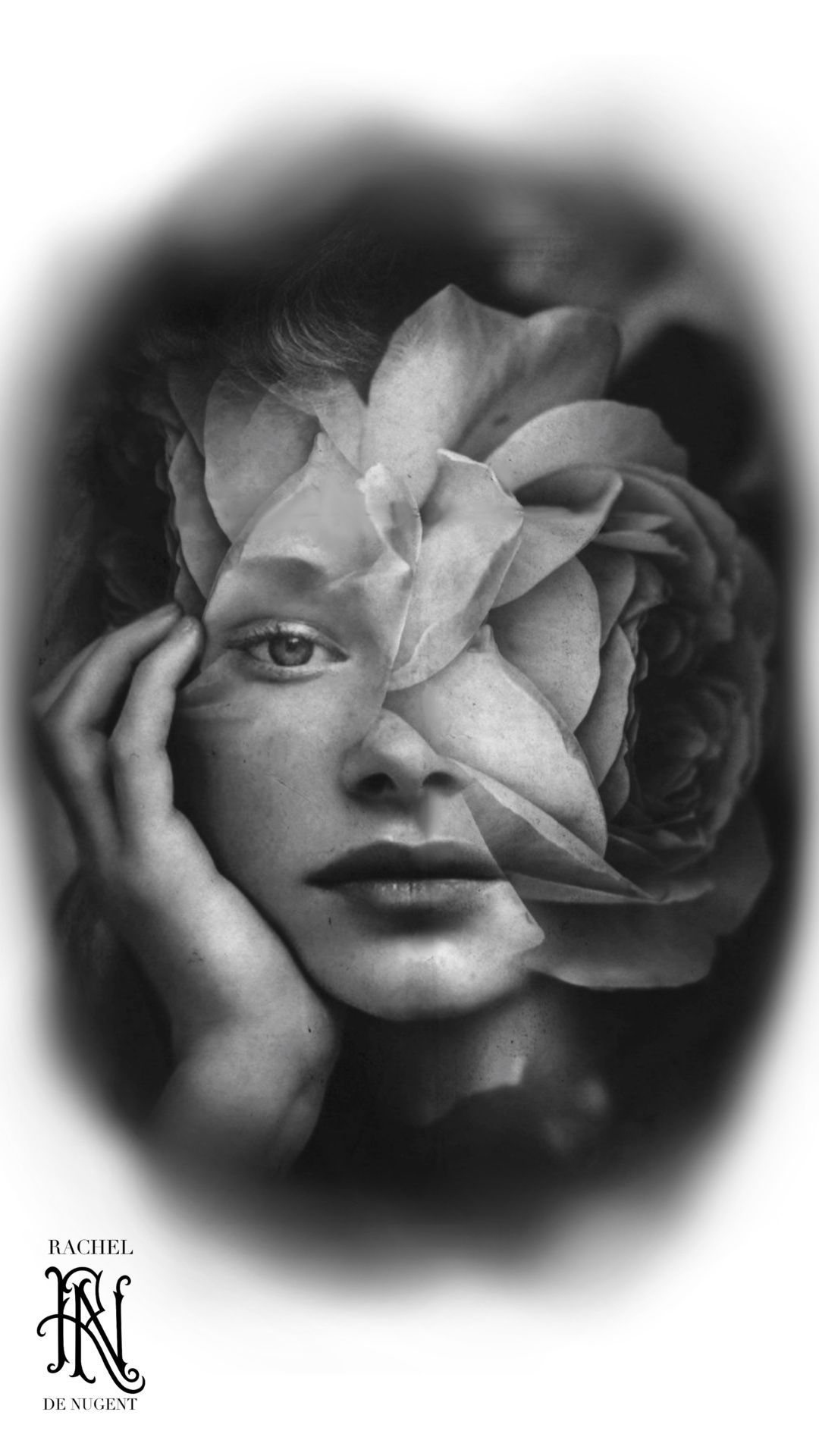 Black-and-white surreal portrait of a face with a large flower covering one eye, hand on cheek
