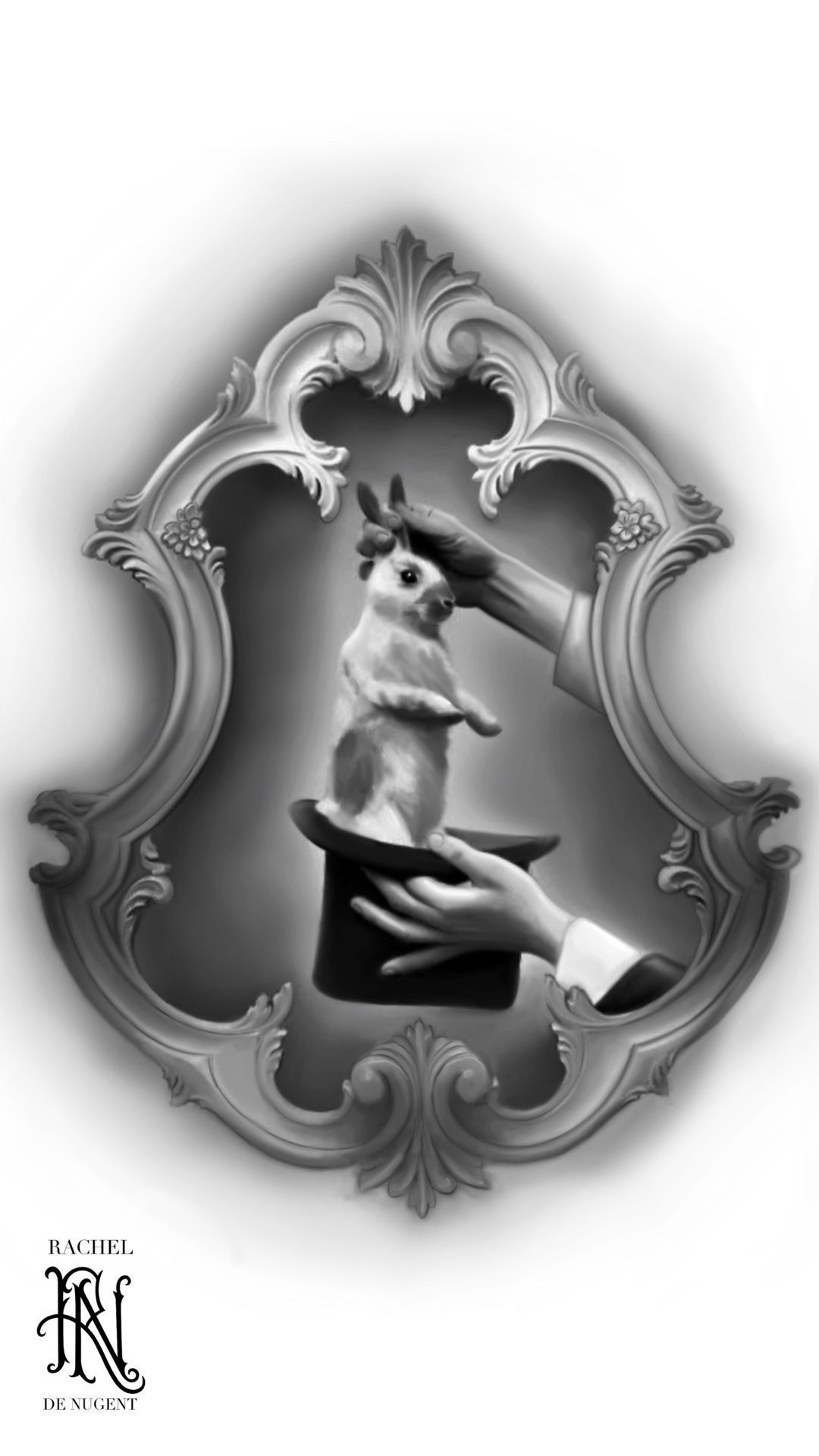 Dog standing in a hand, framed by an ornate mirror-like border in black and white.
