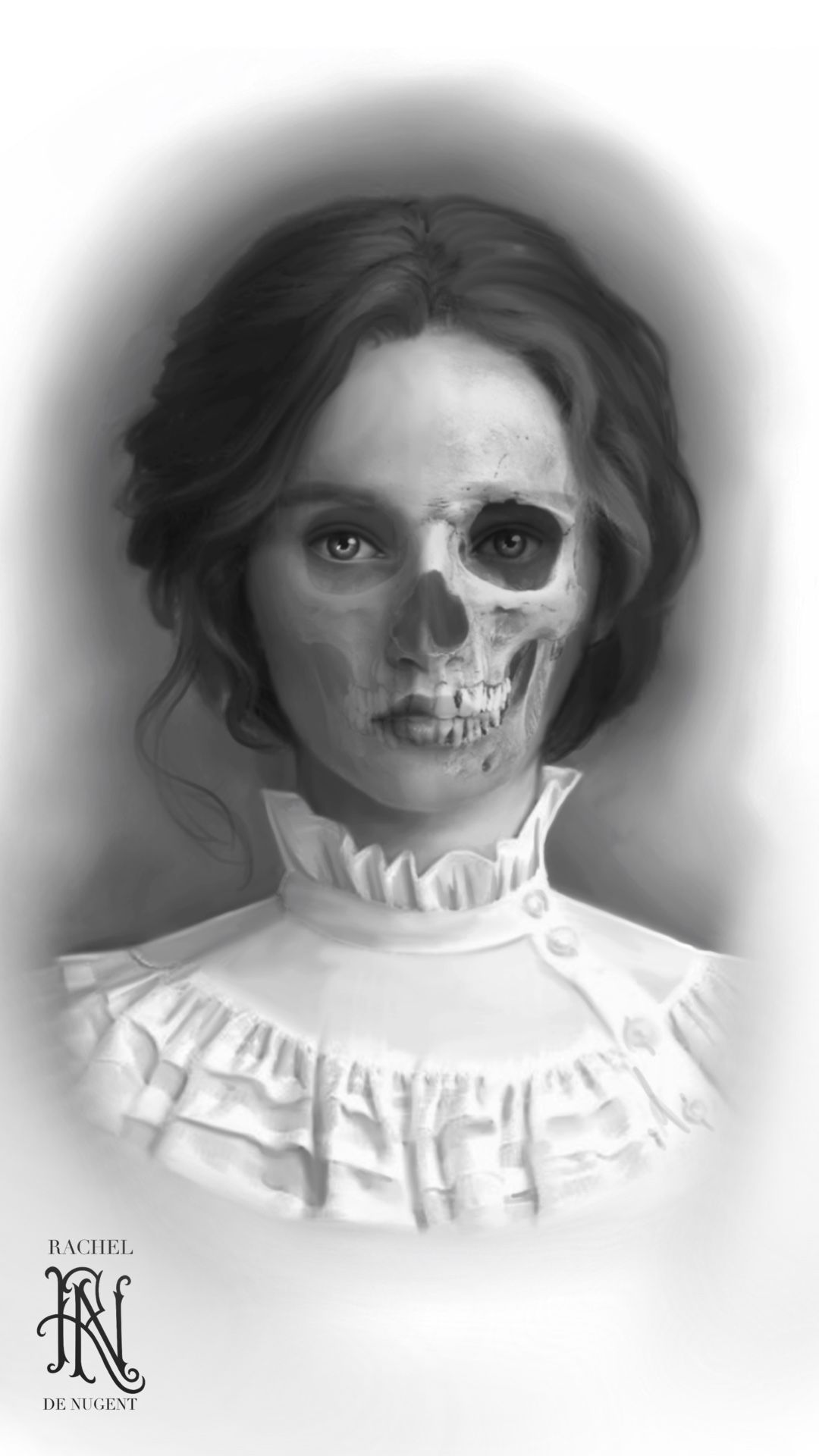 Monochrome portrait of a woman with half her face skeletal, wearing a ruffled white blouse