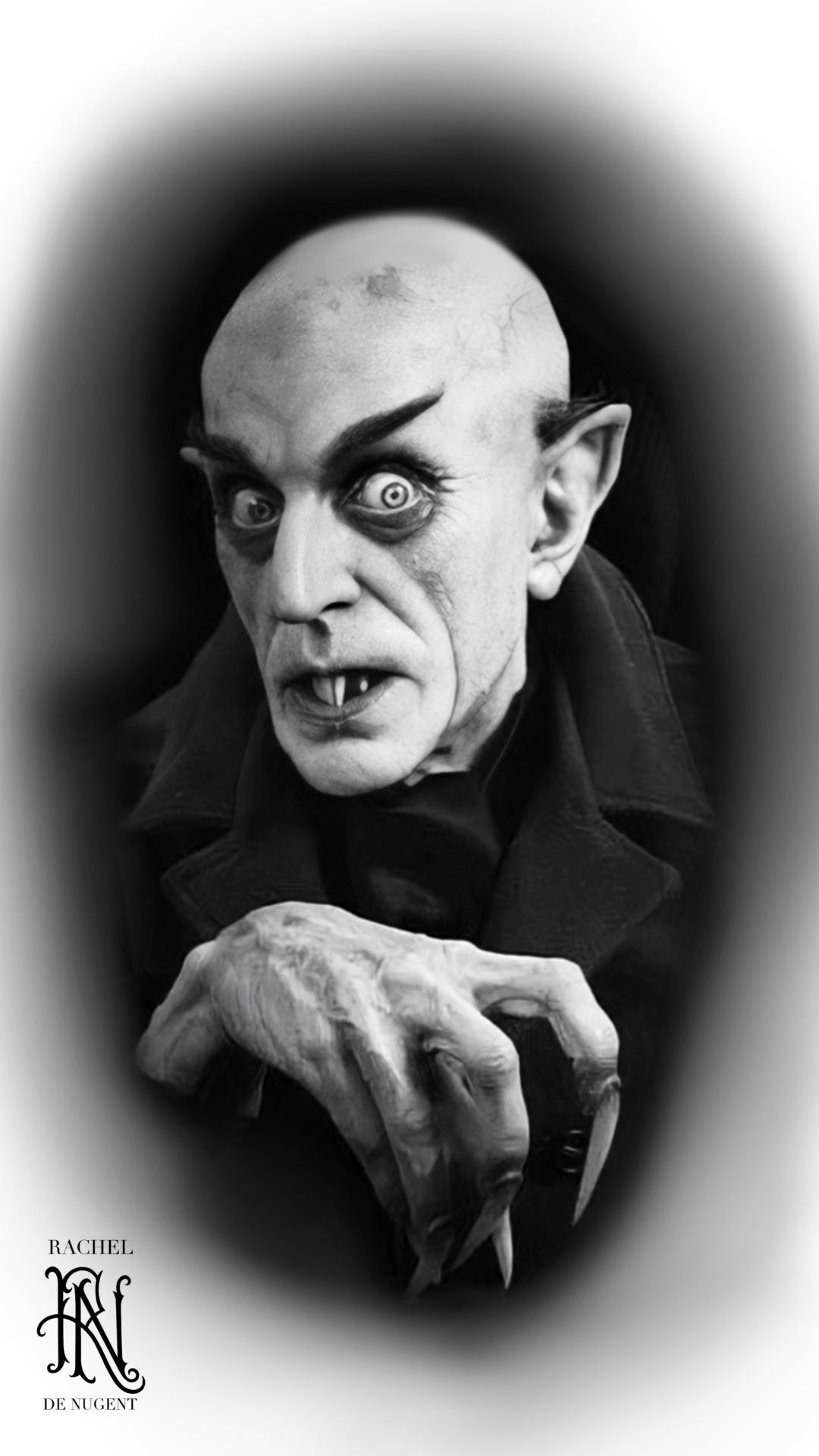 Black-and-white portrait of a bald, pale vampire with sharp features and a sinister expression, reaching forward