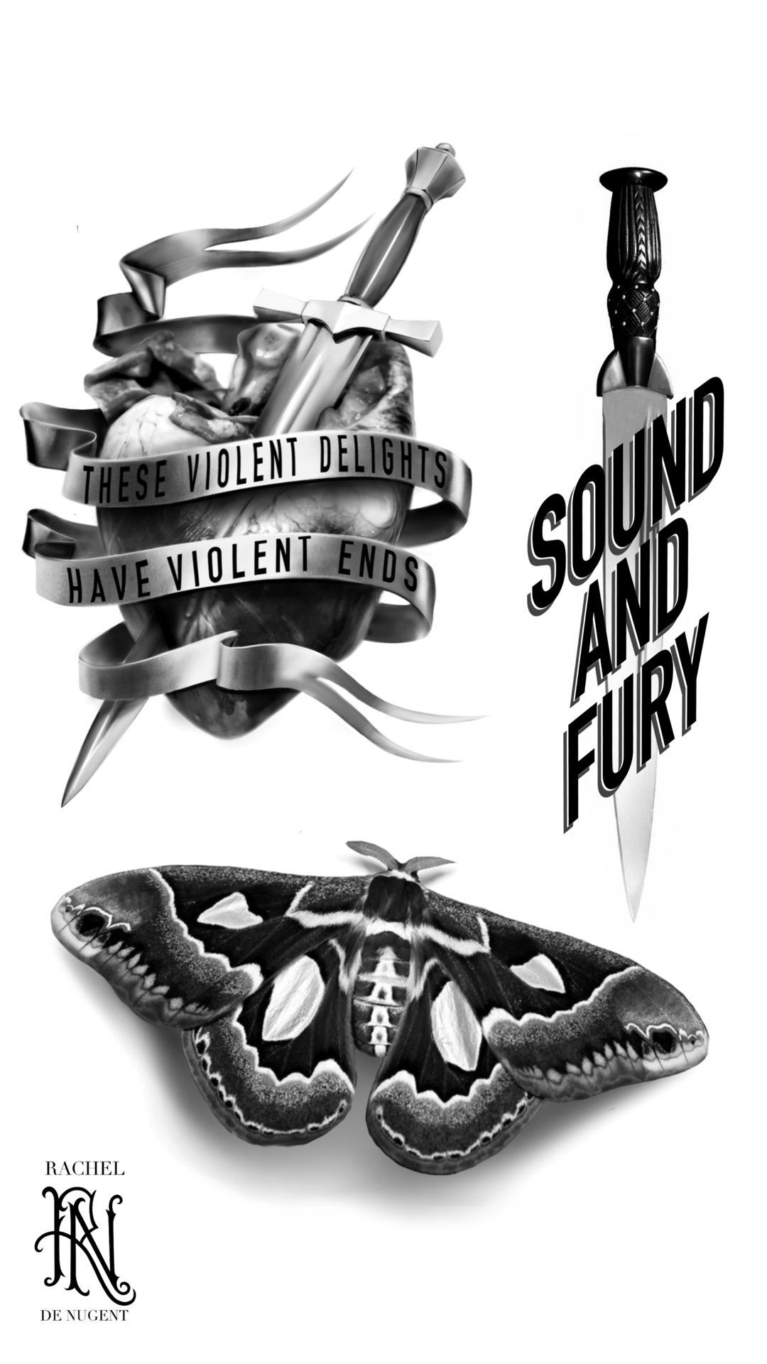 Black-and-white poster collage with “Sound and Fury” text, ribbons, and a moth illustration.