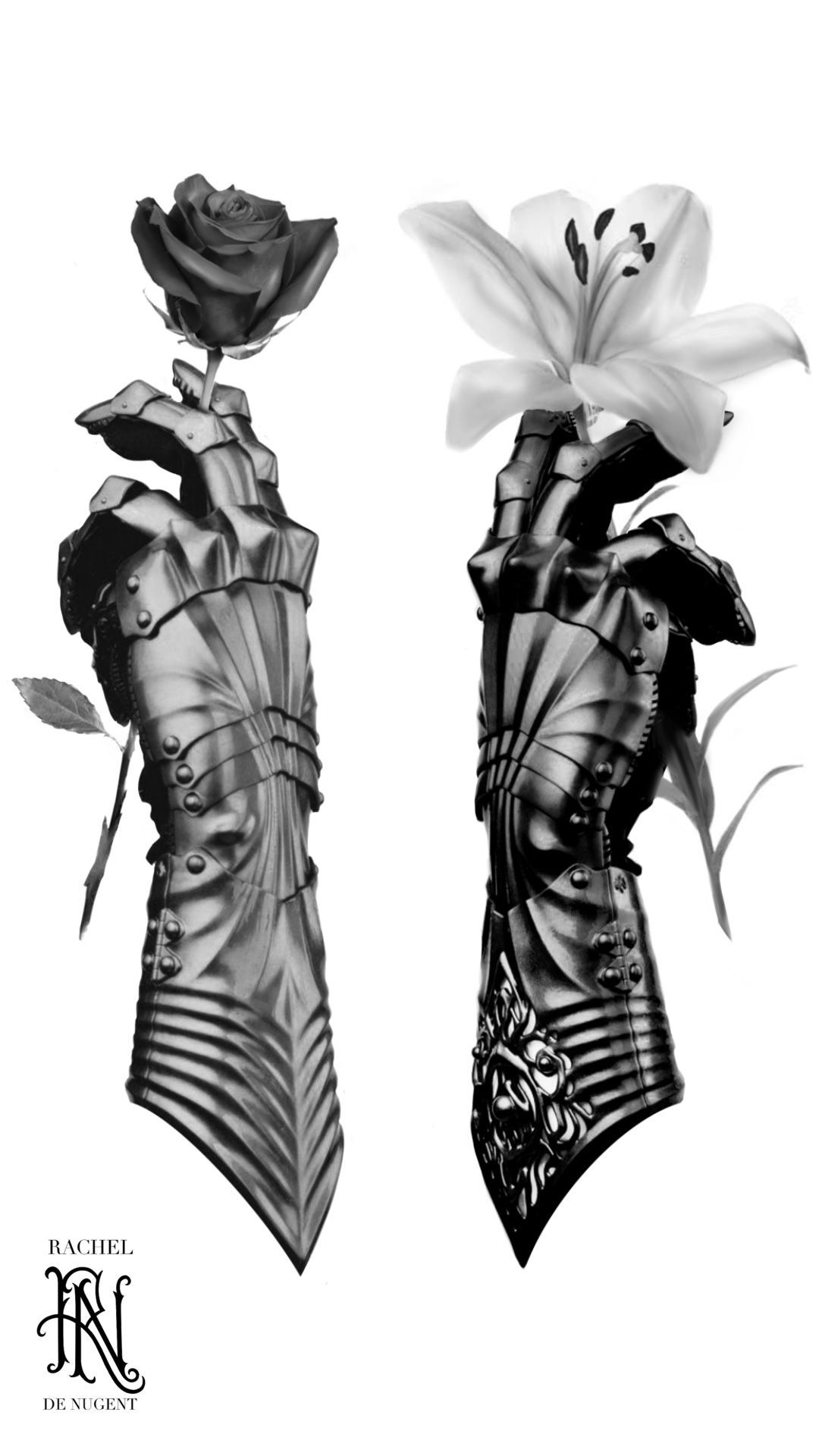 Two detailed black-and-white sculptural hands holding flowers, shown side by side on a white background