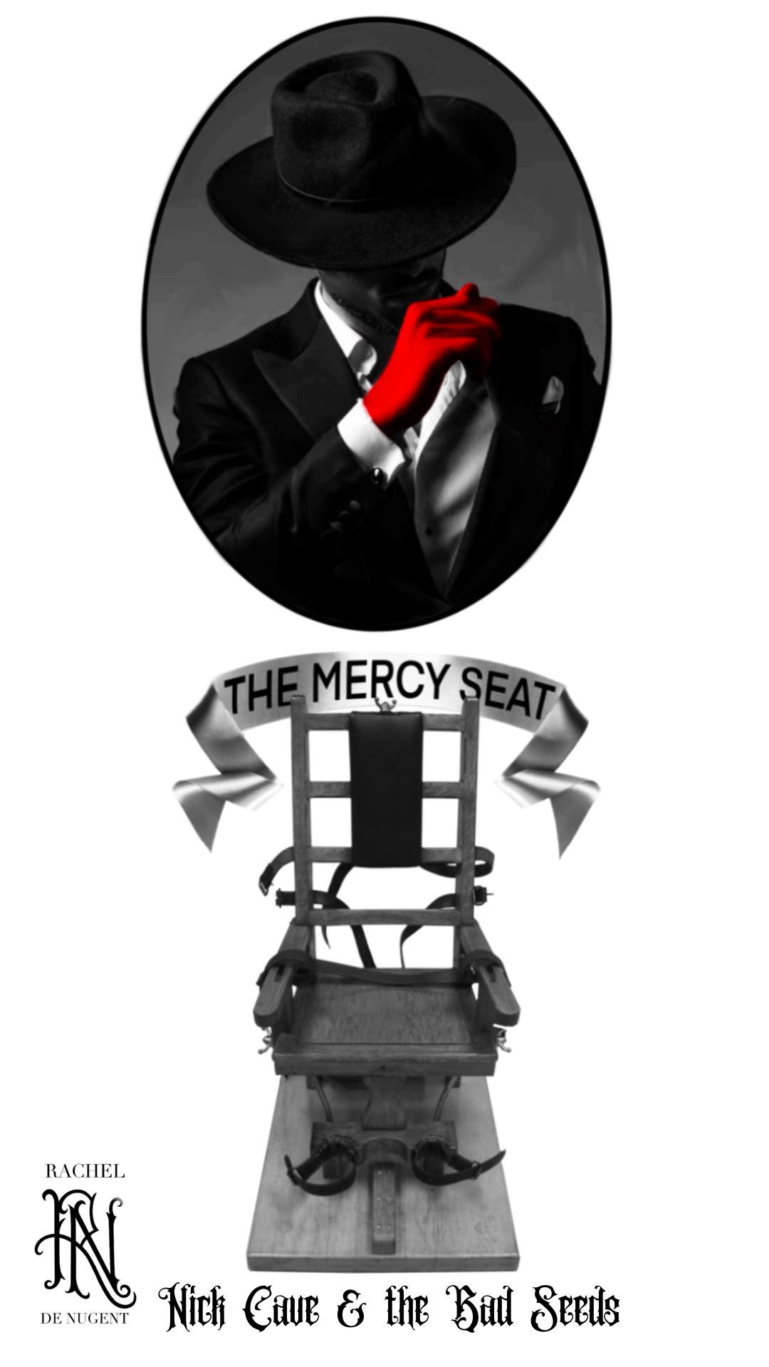 Stylized poster with a black-suited figure in a hat, bright red glove, and the text “THE MERCY SEAT” above a chair
