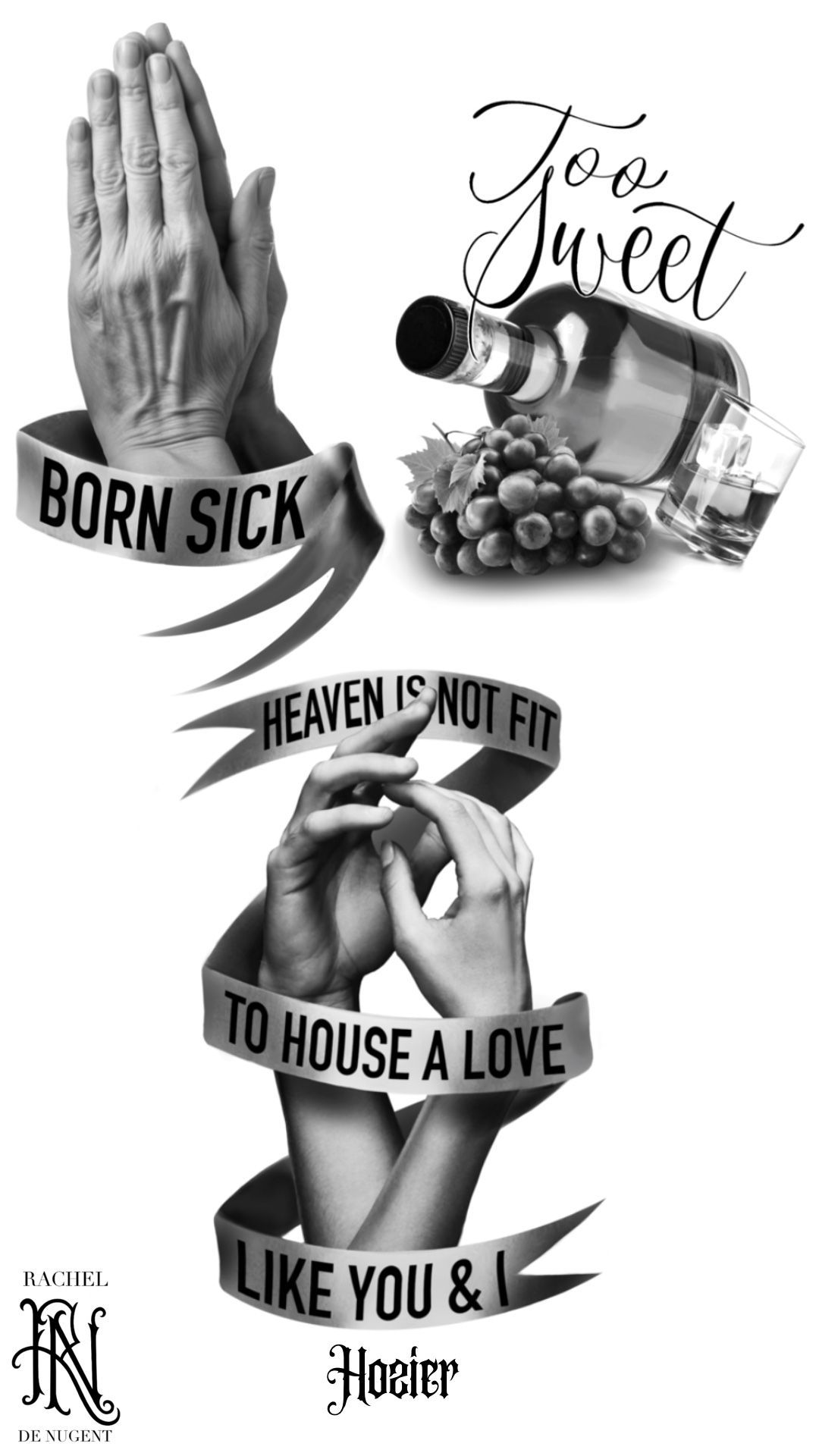 Black-and-white collage with praying hands, pills, flowers, and text: “Born Sick,” “Too sweet,” “Heaven is not fit to house a love like you & I.”