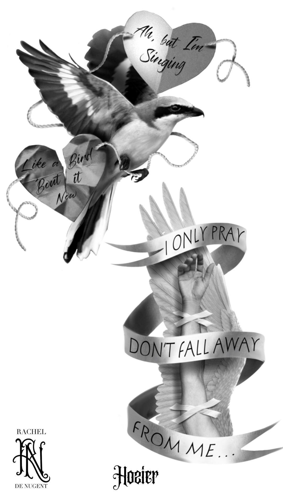 Dove, hearts, and ribbon with text: