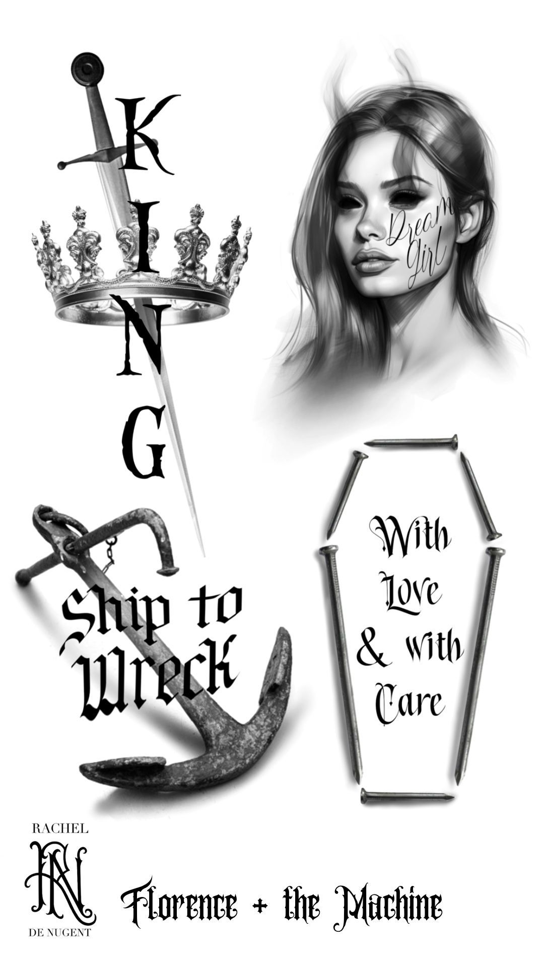 Black-and-white gothic collage: crowned letters, skull, coffin, masked face, and text “Ship to Wreck” and “With Love & Care”
