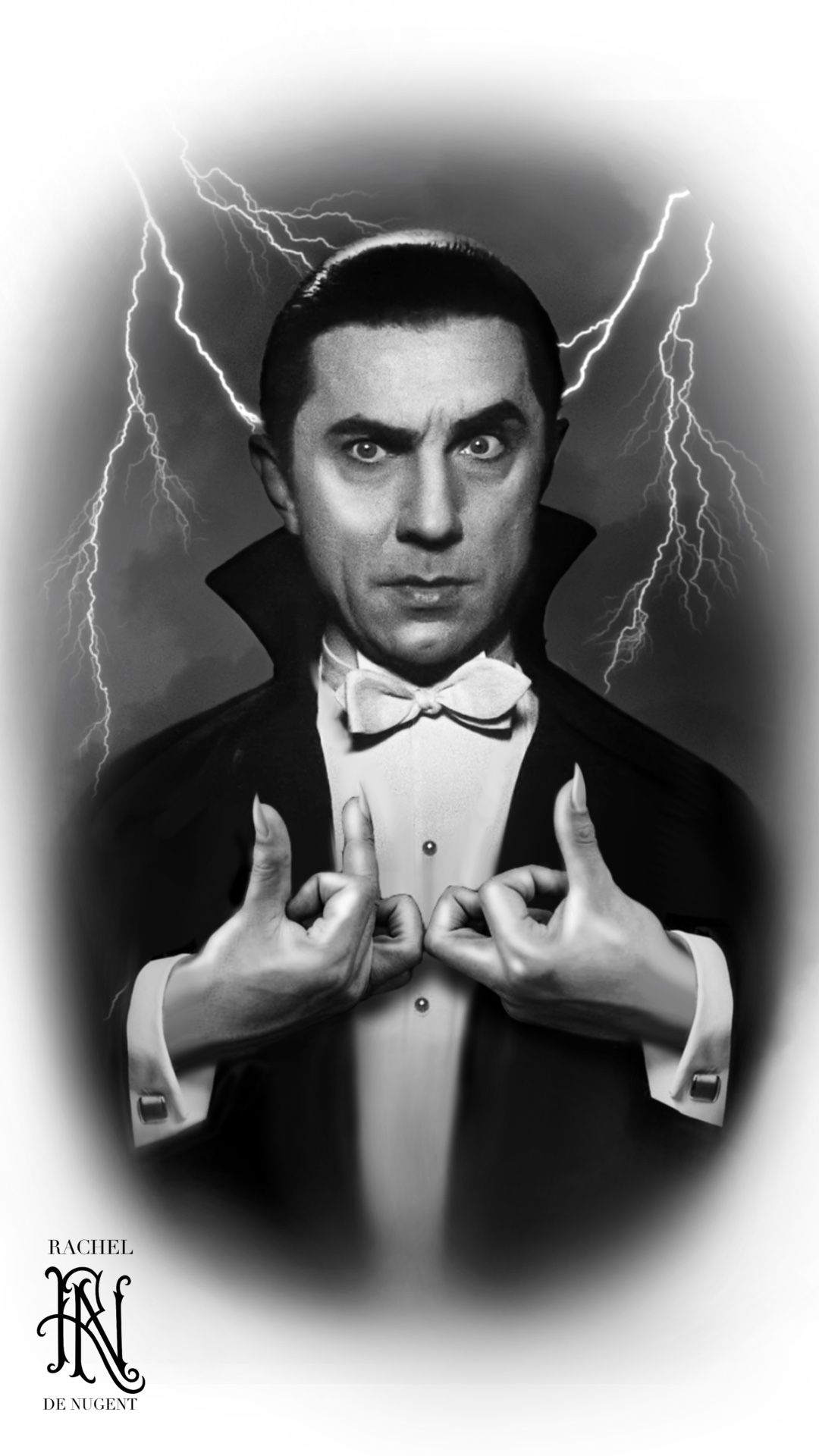 Black-and-white portrait of a vampire in a tuxedo, with lightning bolts in the background.