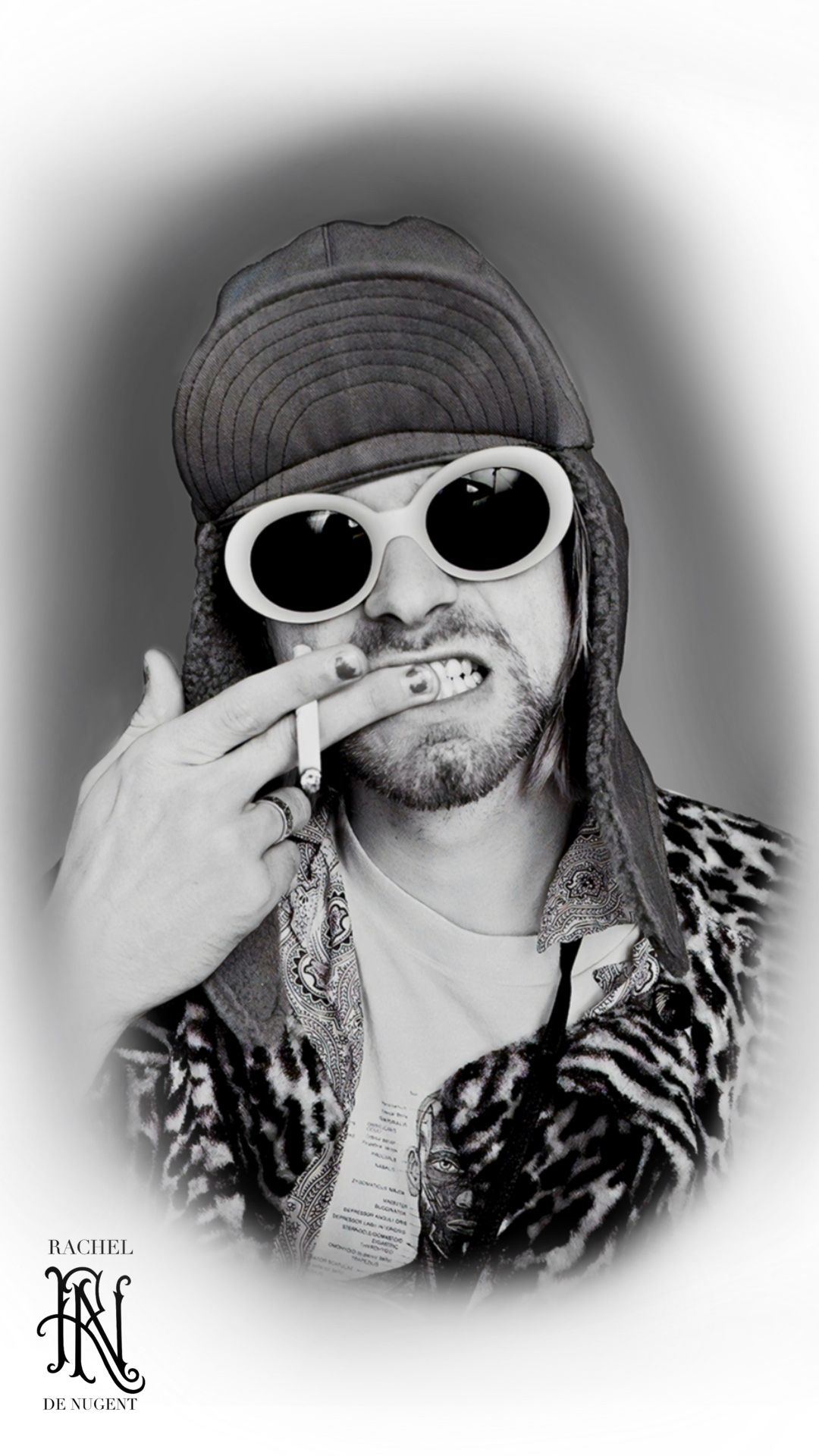 Black-and-white portrait of a person in a hat and white sunglasses, holding a cigarette.