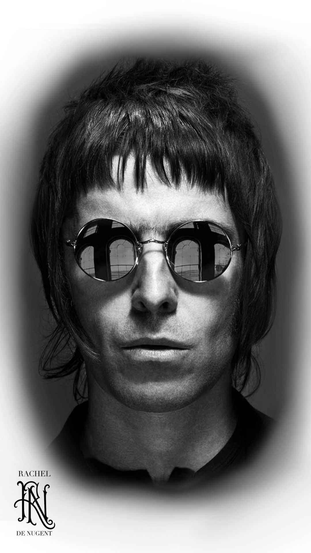 Black-and-white portrait of a person wearing round sunglasses, with a dark blurred halo background.