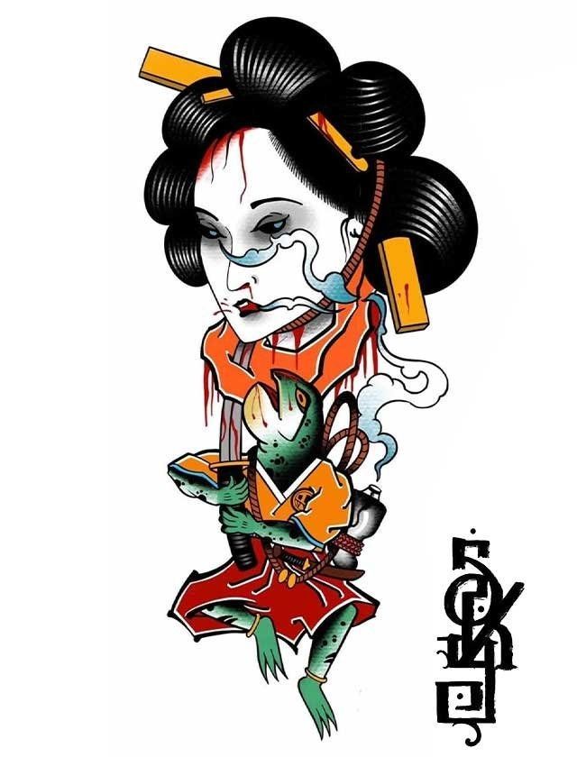 A drawing of a geisha with a frog in her hand.