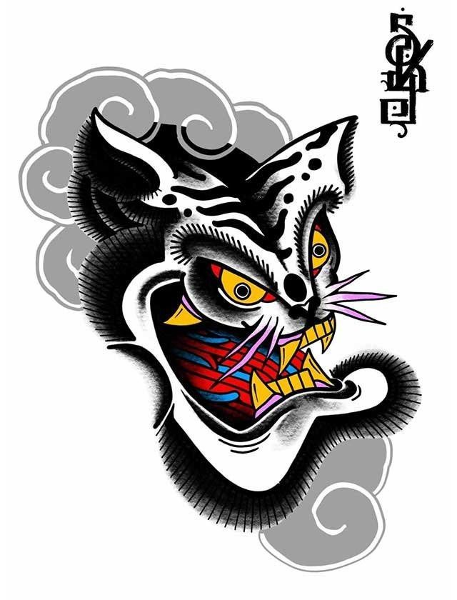 A drawing of a cat with a snake around its neck