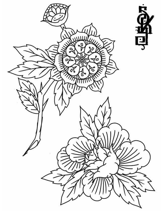 A black and white drawing of two flowers with leaves on a white background.