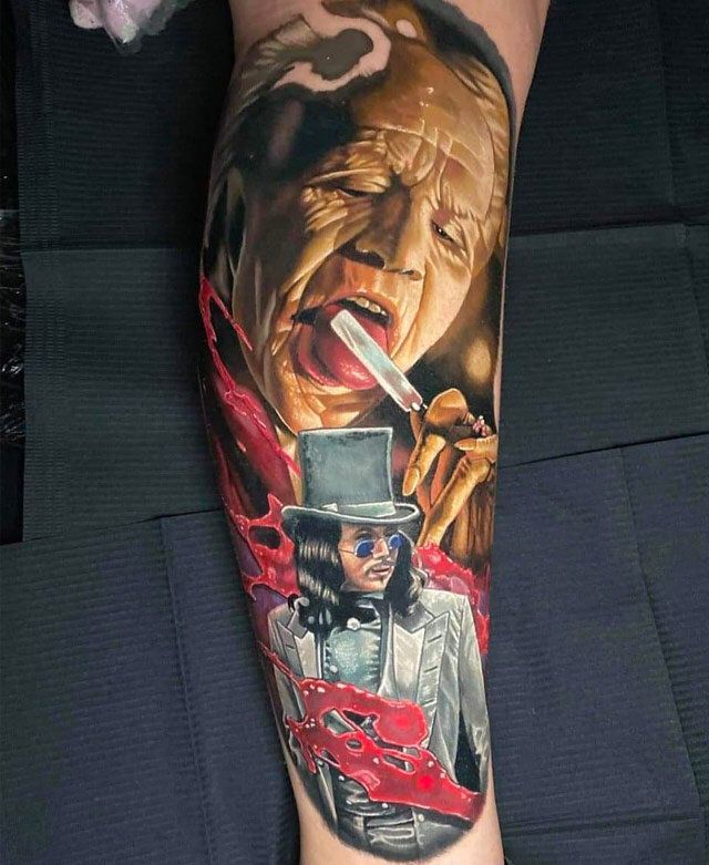 A tattoo of a man in a top hat holding a lollipop on a leg.