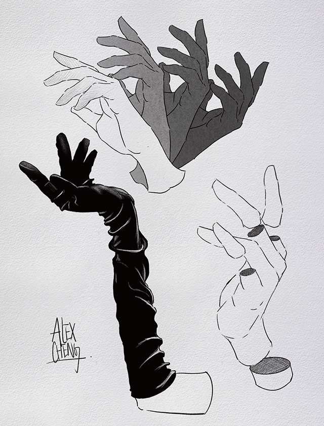 A black and white drawing of a person 's hands by alex chung
