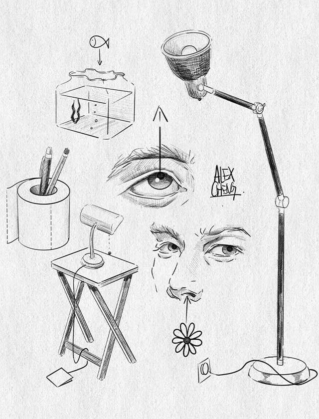 A black and white drawing of a man 's face and a lamp