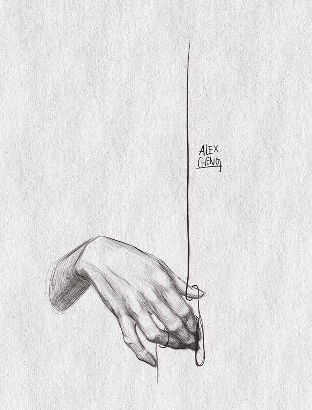 A black and white drawing of a hand holding a stick.
