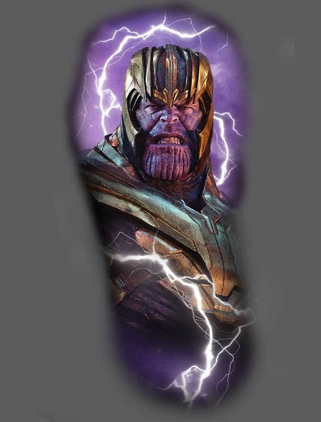 A tattoo of thanos from avengers endgame with lightning behind him.