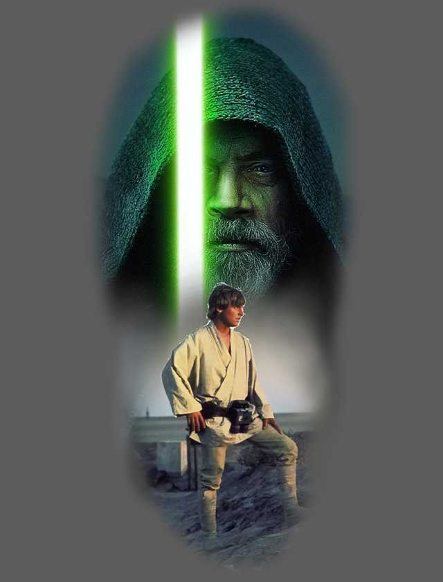 A man with a green light saber is standing next to a man with a hood.