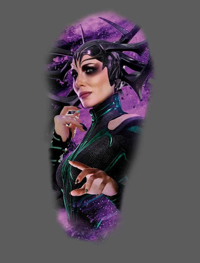 A drawing of a woman with a purple background.