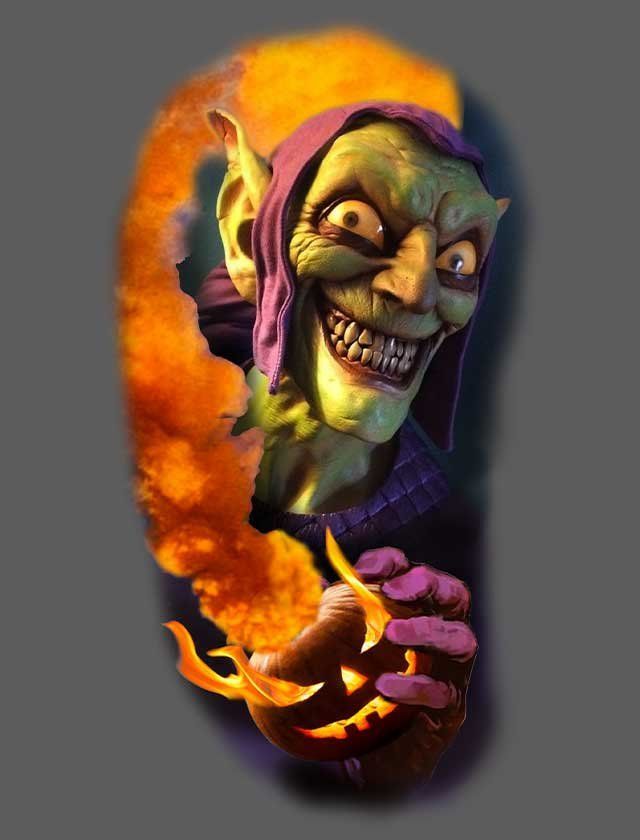 A tattoo of a green goblin holding a pumpkin
