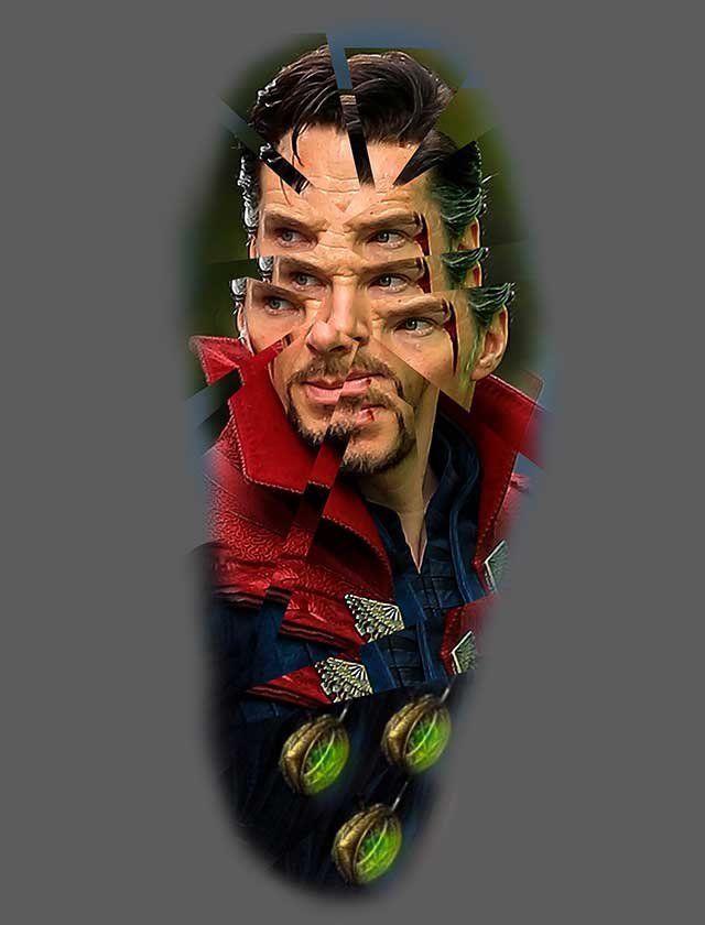 A painting of doctor strange with many faces on it