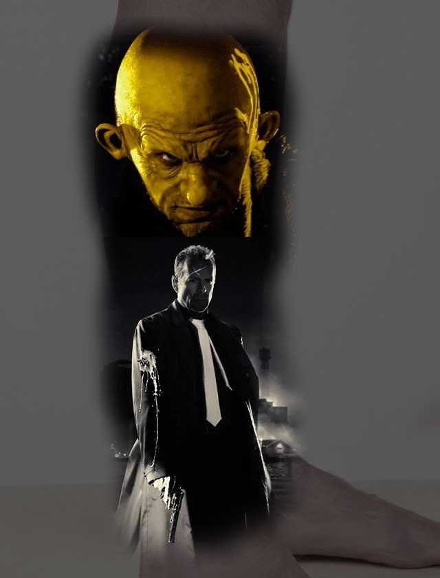 A man in a suit and tie is standing in front of a yellow face.